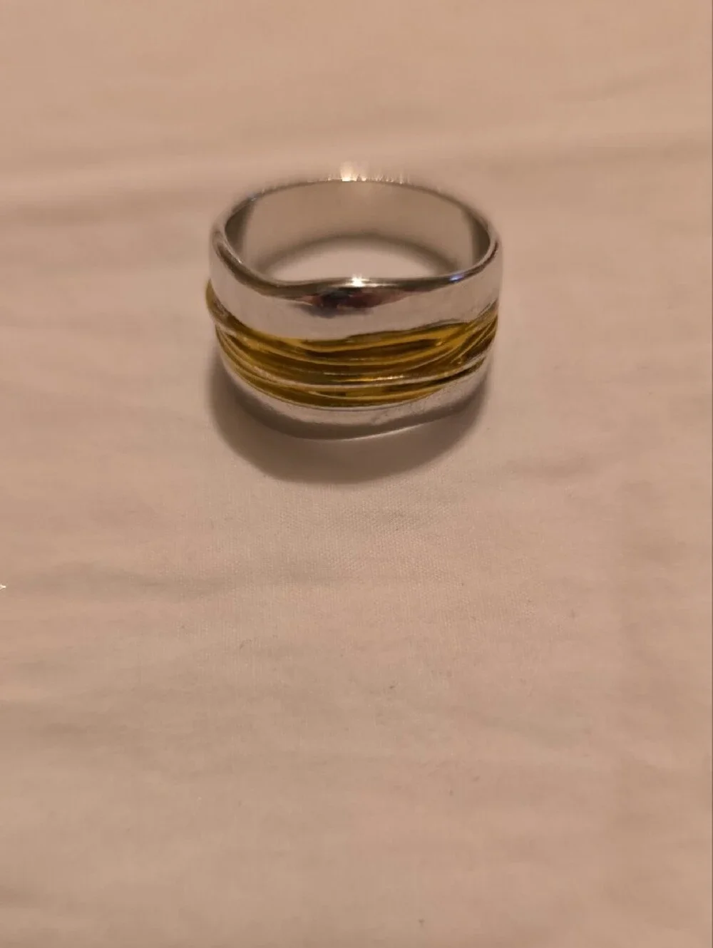 Sterling Silver Tone Ring with Gold Accent Band - Women's Fashion